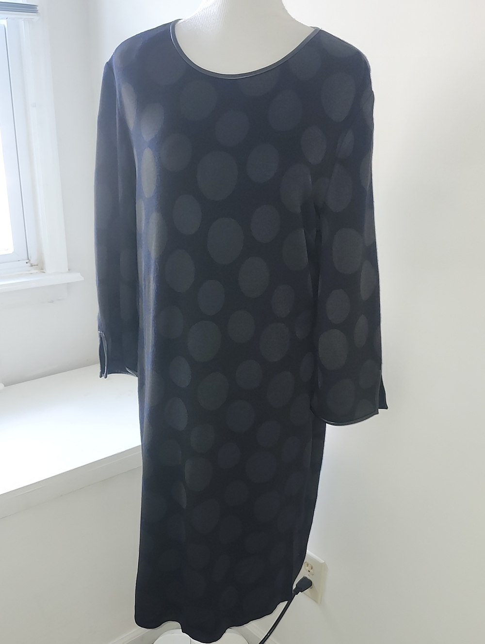 St. John Knit Dress Sheath 16 Green Vintage Polka Dots Leather Trim Size 16